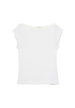 Hvid, tætsiddende t-shirt lavet af letvægtsbomuld med korte ærmer, en bred halsudskæring og en glat tekstur uden mønstre.