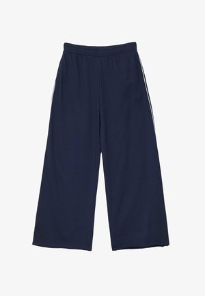 Námořnické kalhoty typu culotte s elastickým pasem, bílé boční pruhy a volný střih, vyrobené z měkké, prodyšné tkaniny.
