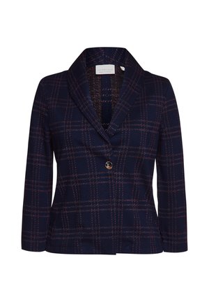 Navy plaid blazer with a shawl collar, single button closure, and contrasting red lines. Soft fabric with a tailored fit and long sleeves.