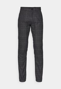 Pantalon slim gris foncé avec motif à carreaux subtil, fermeture boutonnée devant et passants pour ceinture.