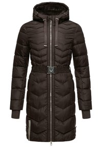 Brown padded coat with a chevron pattern, hood, belted waist, and zip closure. Features a textured finish and silver hardware accents.