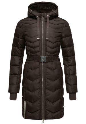 Brown padded coat with a chevron pattern, hood, belted waist, and zip closure. Features a textured finish and silver hardware accents.
