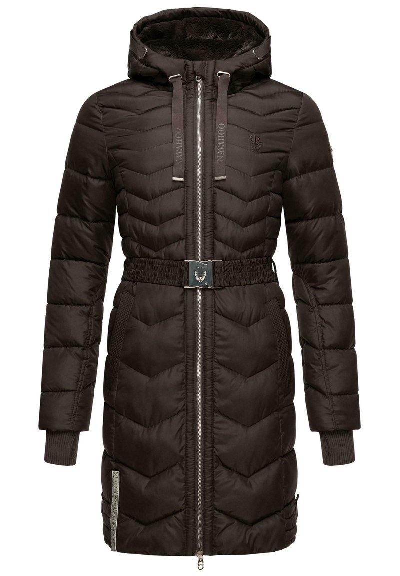 Brown padded coat with a chevron pattern, hood, belted waist, and zip closure. Features a textured finish and silver hardware accents.