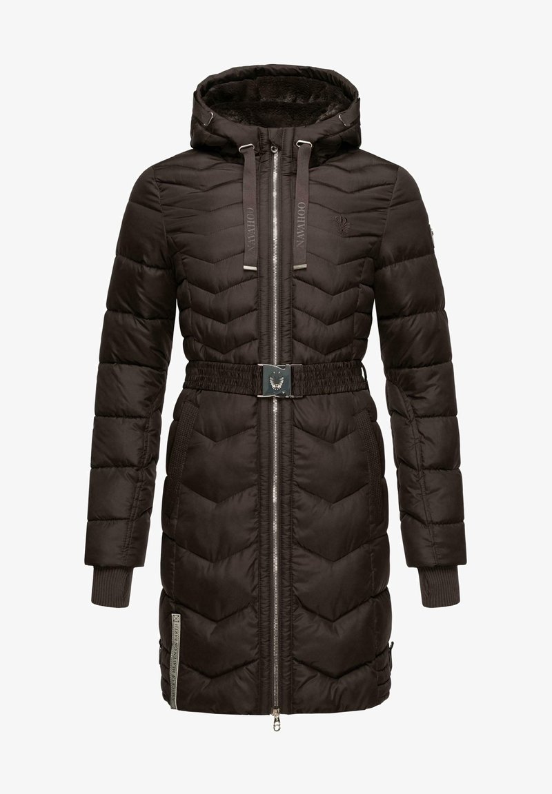 Brown padded coat with a chevron pattern, hood, belted waist, and zip closure. Features a textured finish and silver hardware accents.