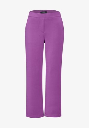 Pantaloni viola elasticizzati con una texture liscia, dotati di una vita ampia e un design a gamba dritta. Nessuna tasca visibile o decorazioni.