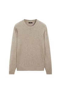 Beige sweater made of soft, textured knit fabric. Features a crew neckline, long sleeves, and ribbed cuffs and hem.