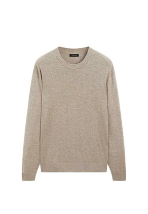 Beige sweater made of soft, textured knit fabric. Features a crew neckline, long sleeves, and ribbed cuffs and hem.