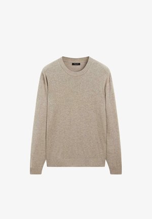 Beige Pullover aus weichem, strukturiertem Strickstoff. Mit Rundhalsausschnitt, langen Ärmeln sowie gerippten Bündchen und Saum.
