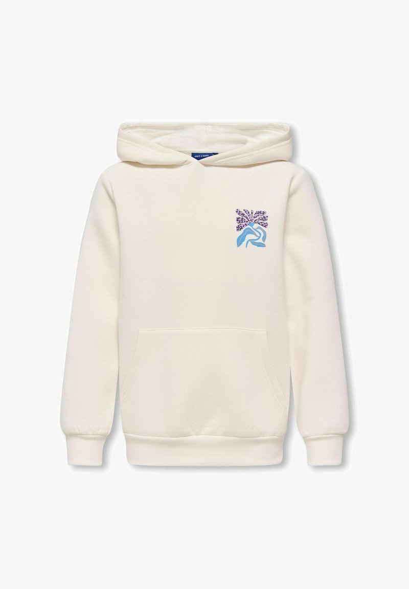 Sweat à capuche couleur crème avec poche frontale et petit motif abstrait violet et bleu sur le côté gauche de la poitrine, manches longues et poignets côtelés.