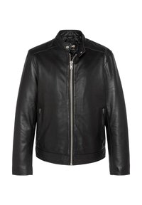 Chaqueta de cuero negra con cremallera frontal, cuello alto, bolsillos laterales con cremallera y un diseño ajustado. Textura suave con detalles minimalistas.