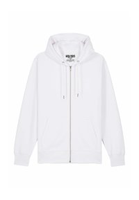 Felpa bianca con zip realizzata in tessuto morbido. Presenta una tasca frontale, stringhe e un cappuccio. L'etichetta recita "MIRA PARIS."