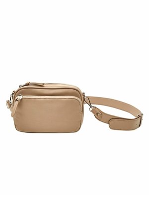 Petit sac bandoulière beige en cuir avec deux compartiments zippés et une sangle réglable sur fond blanc.