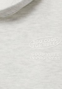 Hellgrau Sweatshirt mit Rundhalsausschnitt. Mit eingeprägtem Text: "TOO COOL FOR RULES" und "GOOD VIBES IN PROGRESS." Weicher Stoff.