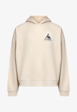 Beige hoodie with a triangular graphic featuring an eye and text "REDEFINED REBEL." Soft fabric, spacious hood, ribbed cuffs and hem.