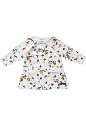 Weißes Babyshirt mit langen Ärmeln, bedruckt mit Biene, Waben, Zweig, Blatt und Bienenstock, ausgestattet mit zwei Fronttaschen und rundem Ausschnitt.