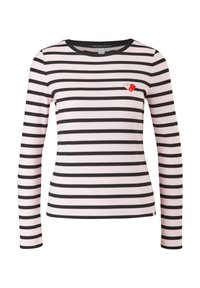 Maglietta a maniche lunghe con righe orizzontali rosa e nere, texture a coste e una piccola toppe a forma di cuore rosso sul lato sinistro del petto.