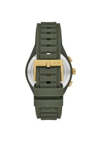Orologio verde oliva con cinturino in silicone testurizzato, fibbia in metallo dorato e quadrante rotondo bianco con dettagli e bottoni dorati.