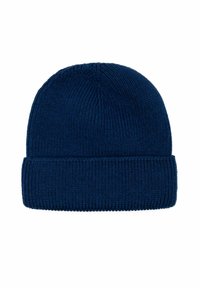 Beanie lavorato a maglia di colore blu scuro, con risvolto e texture a costine, realizzato in filato morbido per garantire calore.