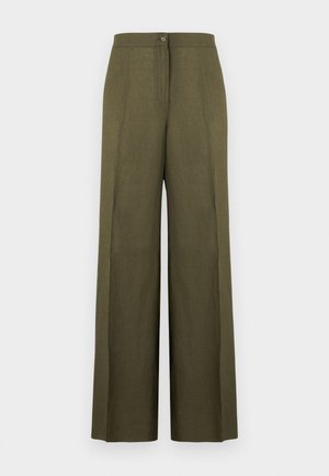 Olivgrüne, weit geschnittene Hose mit vorderem Knopf- und Reißverschluss, flachem Bund und vertikalen Nahtdetails.