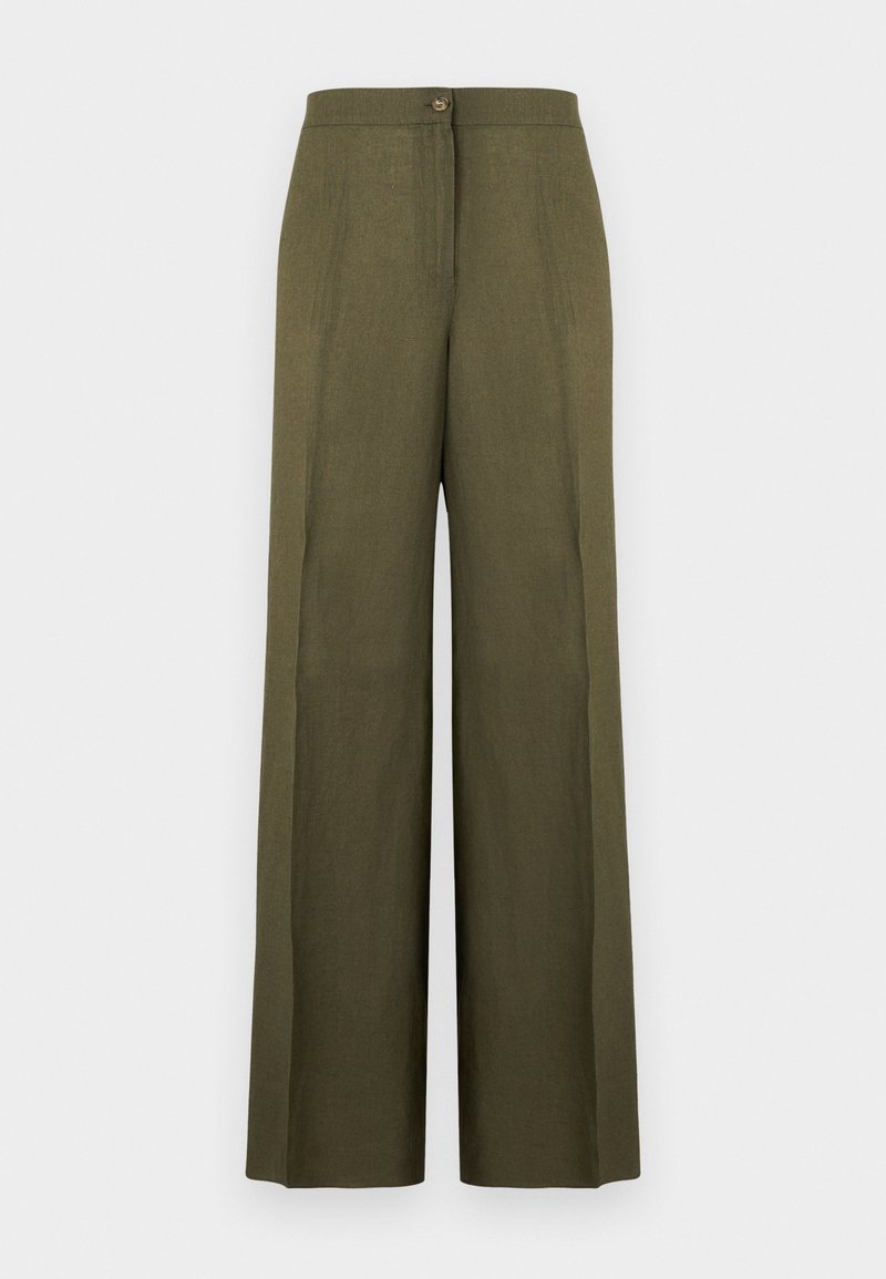 Παντελόνια ελιάς με φαρδύ πόδι, κλείσιμο μπροστά με κουμπί και φερμουάρ, επίπεδη μέση και κάθετες ραφές.