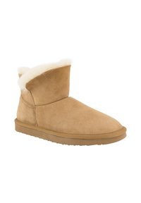 Stivaletti ankle in suede color beige con una morbida fodera in pelliccia sintetica, punta arrotondata e suola piatta in gomma. Gli stivali presentano un risvolto nella parte superiore.
