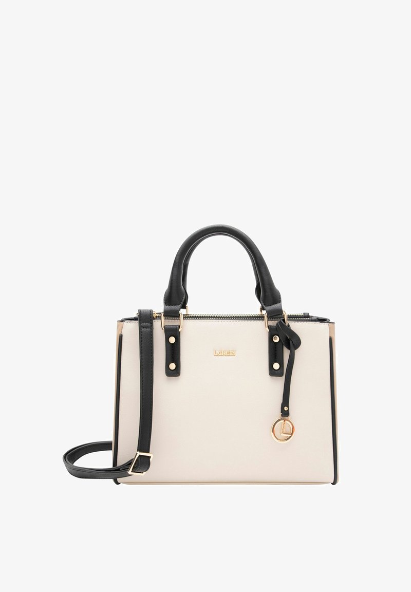 Schwarze und cremefarbene Handtasche mit doppelten Griffen, einem abnehmbaren Schultergurt, goldenen Beschlägen, Reißverschluss und einem Logodetail auf der Vorderseite.