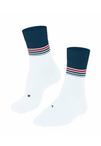 Białe skarpetki z granatowym ściągaczem w prążki, ozdobione czerwonymi i granatowymi poziomymi paskami. Miękka tekstura z wzmocnioną piętą i palcami.