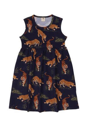 Sleeveless navy dress with gathered waist, decorated with orange tigers and leopards in various poses among green grass.