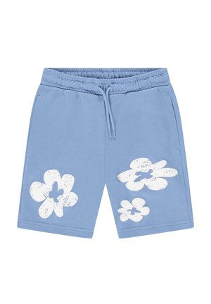 Lichtblauwe katoenen shorts met een elastische tailleband, voorzien van drie grote witte bloemenprints in verschillende maten en met textuurlijke details.