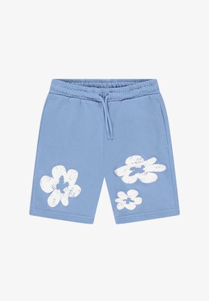 Lichtblauwe katoenen shorts met een elastische tailleband, voorzien van drie grote witte bloemenprints in verschillende maten en met textuurlijke details.