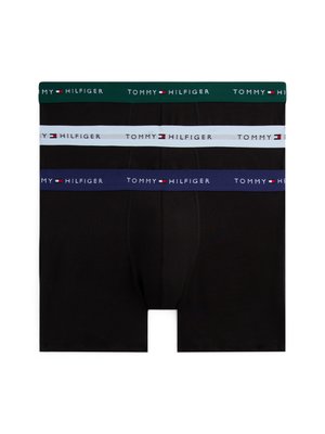 Schwarze Baumwoll-Boxershorts mit elastischem Bund in Grün, Hellblau und Marineblau, jeweils mit "TOMMY HILFIGER"-Branding.