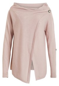 Pull à manches longues rose clair avec un devant asymétrique à nouer, un large col bateau et des boutons décoratifs sur l'épaule et la manche.