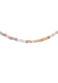 Perlenkette mit pastellfarbenen, facettierten Perlen in Rosa, Blau, Gelb und Weiß, versehen mit einer goldenen Akzentperle.