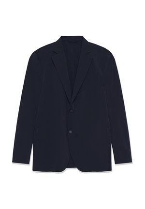 Sötétkék, sima anyagból készült blézer, bevágott hajtókával, egy gombos záródással és két oldalzsebbel. Minimalista dizájn, szabott illeszkedéssel.