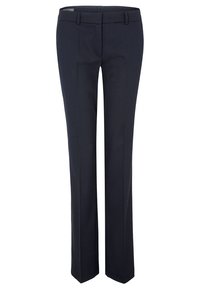Marineblaue, schmal geschnittene Hose mit geradem Bein, hergestellt aus glattem Stoff, mit klassischem Bund und dezenten Vorderfalten.