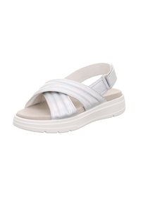 Biała sandał z miękkim, wyściełanym wzorem na krzyż, z teksturowaną cholewką i kontrastową białą podeszwą dla zwiększonej trwałości.