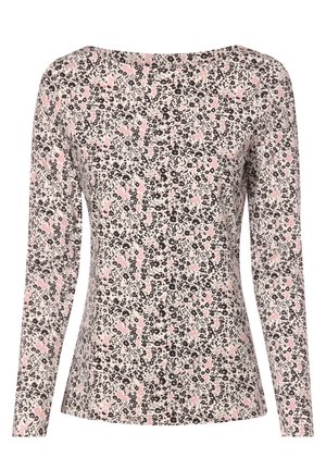 Langärmeliges, hellrosa Oberteil mit dichtem schwarzem und pinkem Blumenmuster, rundem Ausschnitt und figurbetontem Schnitt.