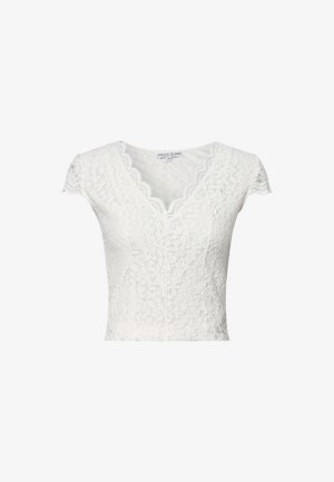 Witte kanten cropped top met korte mouwen, gekartelde V-halslijn en bloemenpatroon, maat 36, label “Marie Lund Copenhagen.”