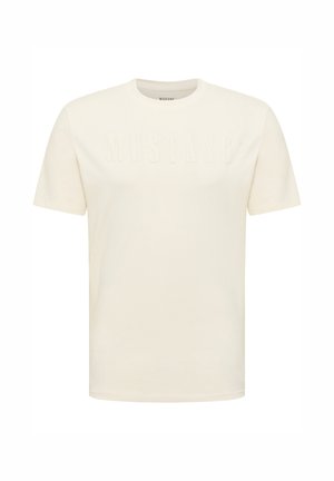 Jasna kremowa koszulka z krótkim rękawem, wykonana z bawełny, z wypukłym logo "MUSTANG" z przodu, z klasycznym dekoltem okrągłym.