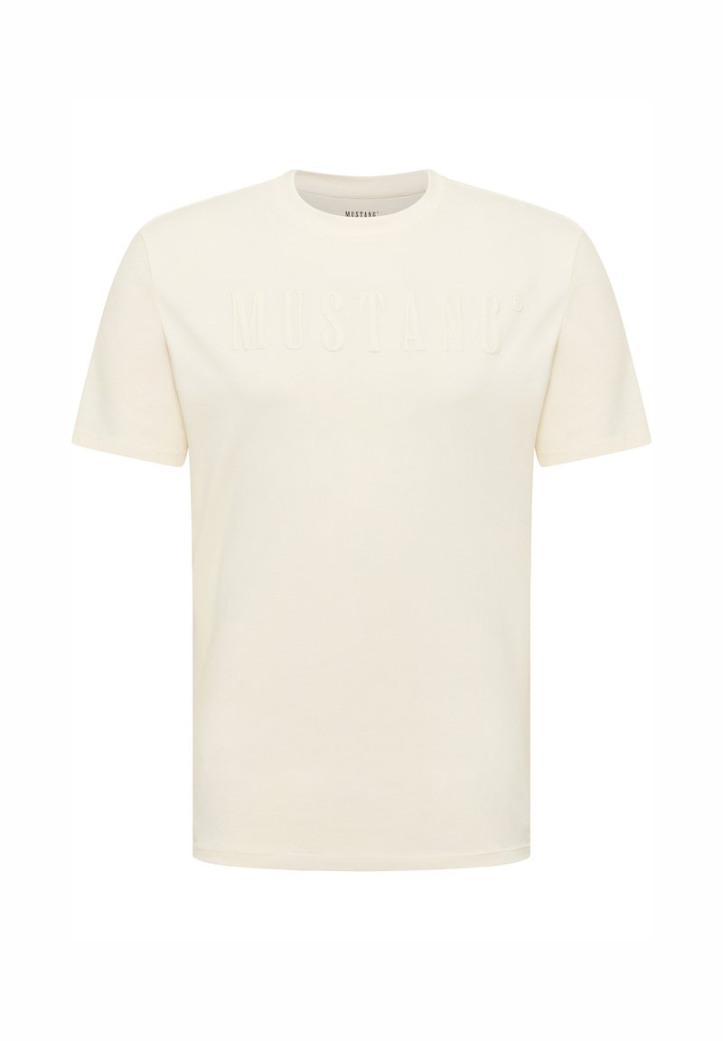 Jasna kremowa koszulka z krótkim rękawem, wykonana z bawełny, z wypukłym logo "MUSTANG" z przodu, z klasycznym dekoltem okrągłym.