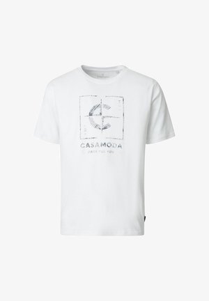 Biała koszulka z krótkim rękawem z wyblakłym kwadratowym logo i tekstem "CASAMODA MADE FOR YOU" na przednim środku.