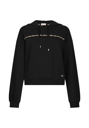 Felpa nera corta con orlo a costine, maniche lunghe, cappuccio con coulisse, decorata con una fascia decorativa tono oro che attraversa il petto.