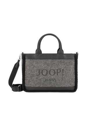 Graue Filz- und schwarze Lederhandtasche mit Doppelgriffen, abnehmbarem Schulterriemen und „JOOP! JEANS“-Logo auf der Vorderseite.