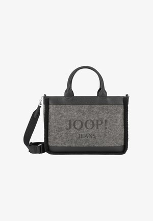 Sac à main en feutre gris et cuir noir avec double poignée, bandoulière amovible et logo "JOOP! JEANS" sur le panneau avant.