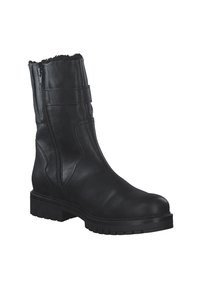 Bottines en cuir noir avec zip sur le côté, tige texturée et semelle en caoutchouc robuste. Dotées d'une doublure en peluche et de détails de couture subtils.
