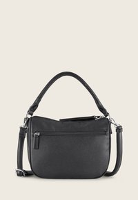 Zwarte, textuur gestructureerde crossbodytas met een handvat aan de bovenkant, een afneembare schouderband en een voorzak met rits; voorzien van hardwareaccenten in zilverkleur.