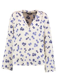 Blouse à manches longues en tissu crème avec un motif floral comprenant des fleurs bleues et bleu foncé, un décolleté en V et une coupe décontractée.