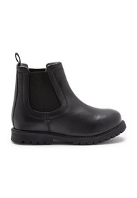 Svarta läder Chelsea-boots med elastiska sidopaneler, rund tå, dragflik och robust sula. Slät textur med minimala sömnadsdetaljer.