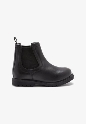 Schwarze Leder-Chelsea-Stiefel mit elastischen Seiteneinsätzen, runder Zehenform, Zugschlaufe und robustem Profil. Glatte Textur mit minimalen Nähdetails.