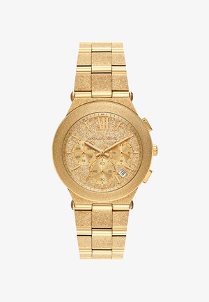 Gouden chronograaf horloge met een gestructureerde glinsterende wijzerplaat, drie sub-dials en datumweergave. Metalen armband met een strakke afwerking en gepolijste schakels.